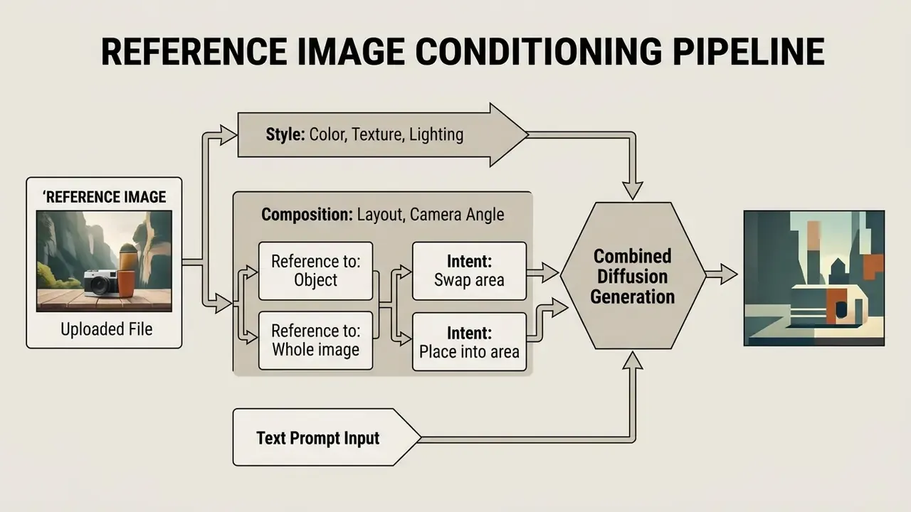 Flowchart showing how reference images and text prompts combine to influence style and composition
