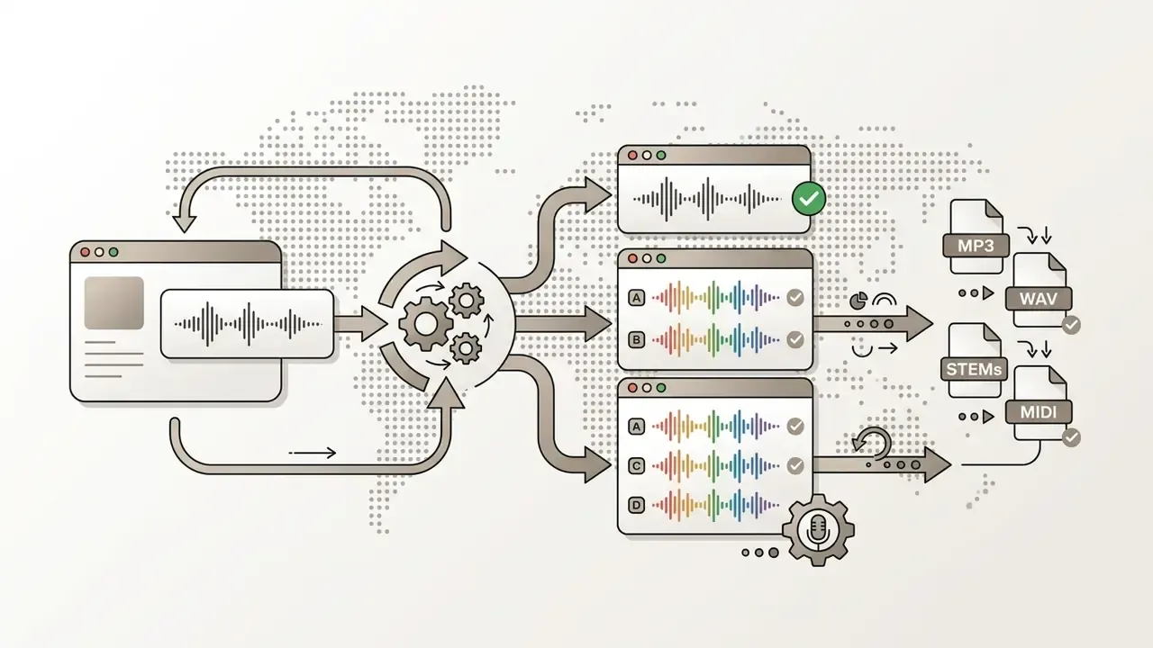 Central gear mechanism processing audio input into multiple vocal takes and various file formats