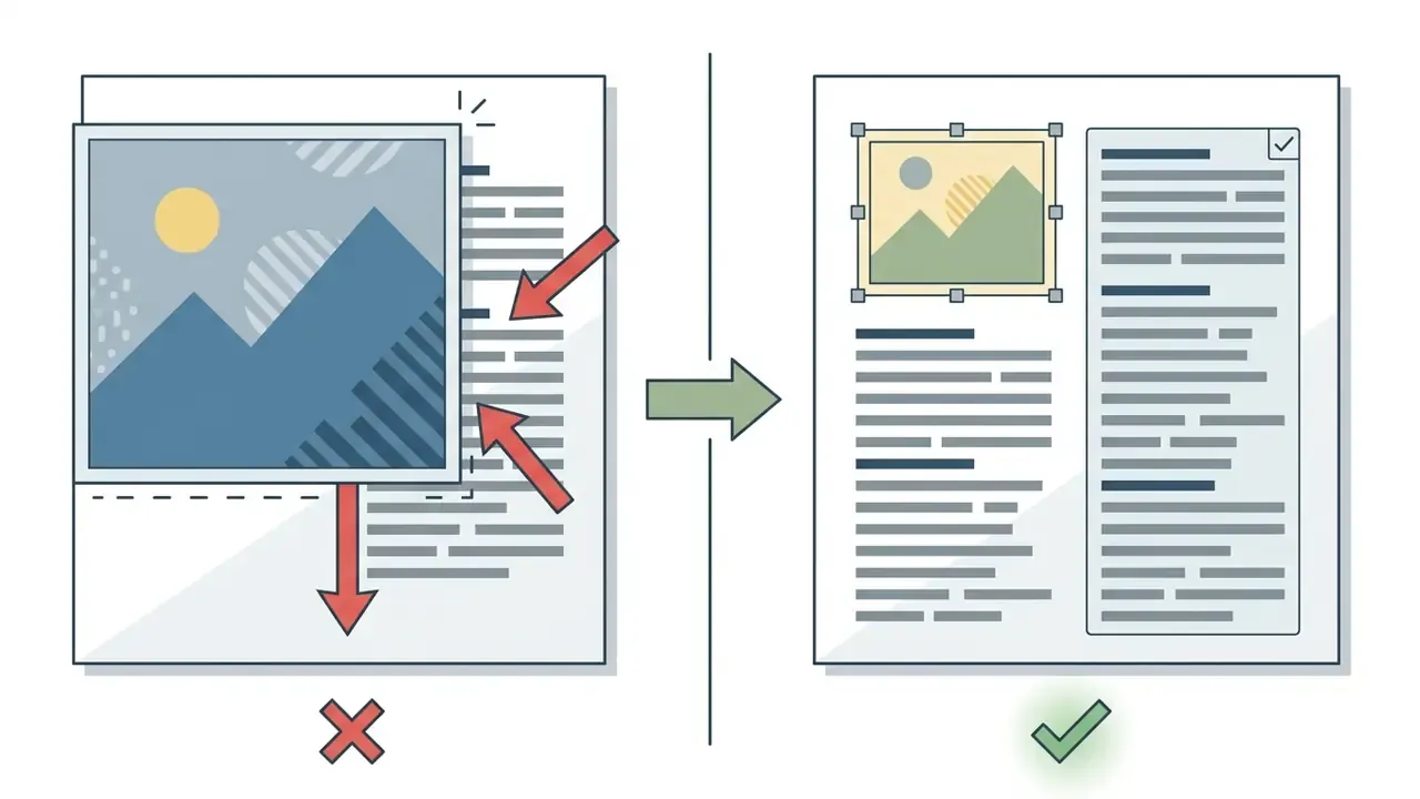 Comparison showing an overlapping image layout corrected by resizing and repositioning text boxes