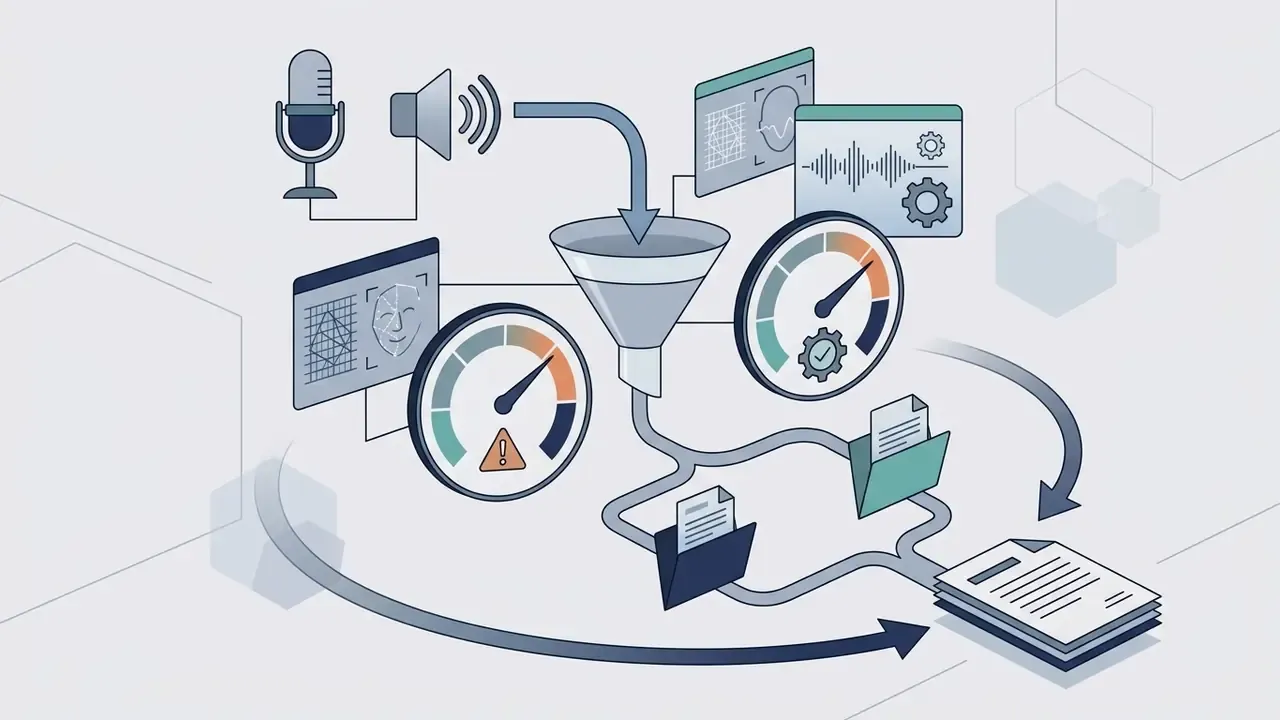 Voice and facial biometric data flowing through a funnel into risk assessment gauges and legal documents