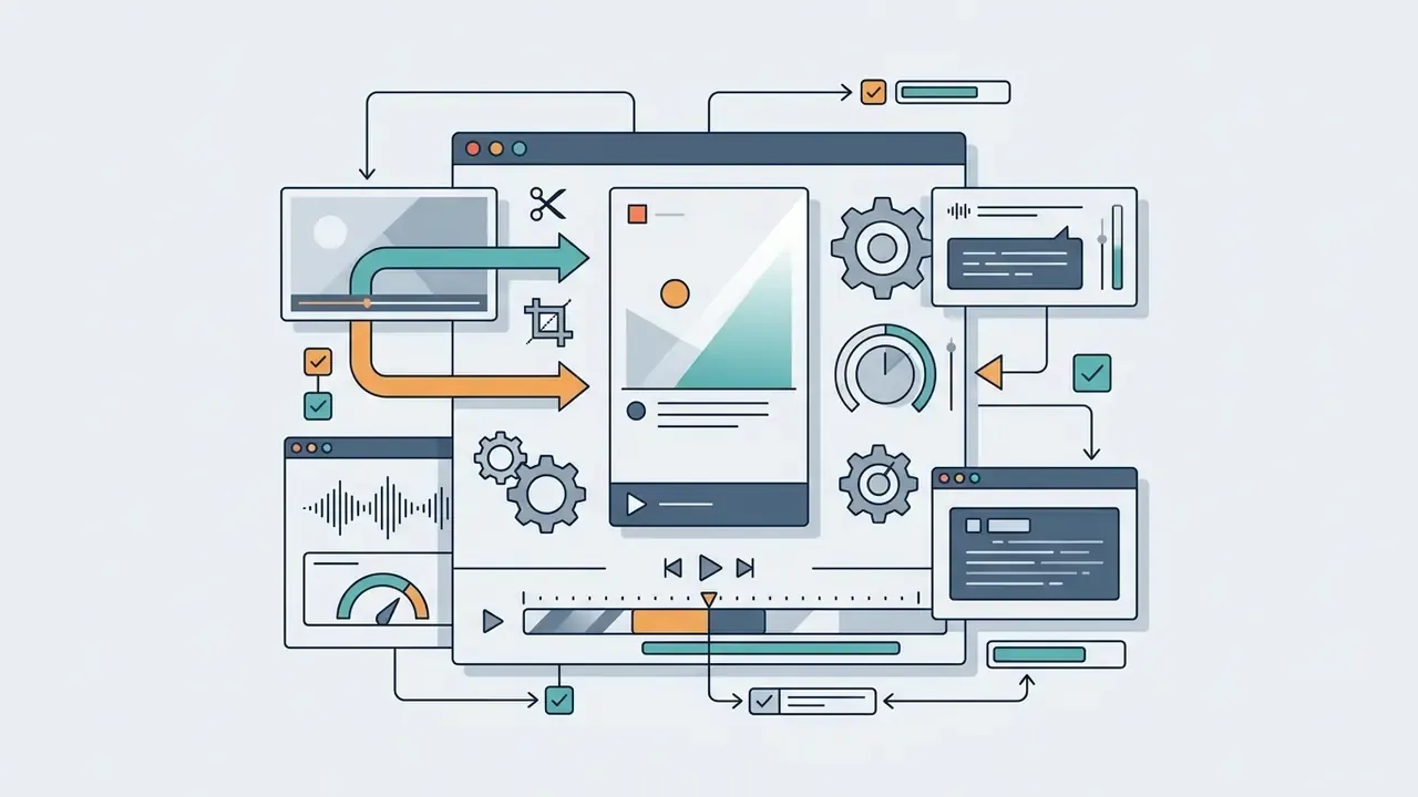 Central video editor interface surrounded by icons for audio processing, aspect ratio tools, and settings