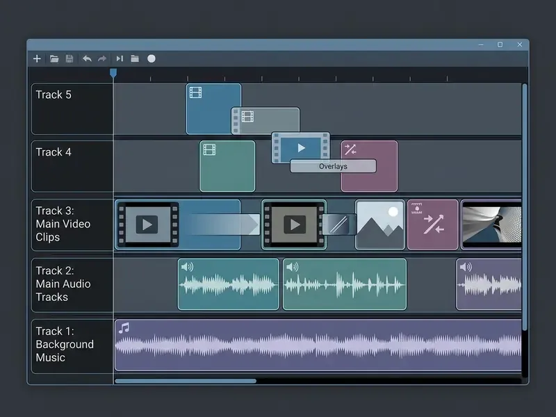 Multi-track timeline interface showing stacked video clips, overlays, and audio tracks for editing