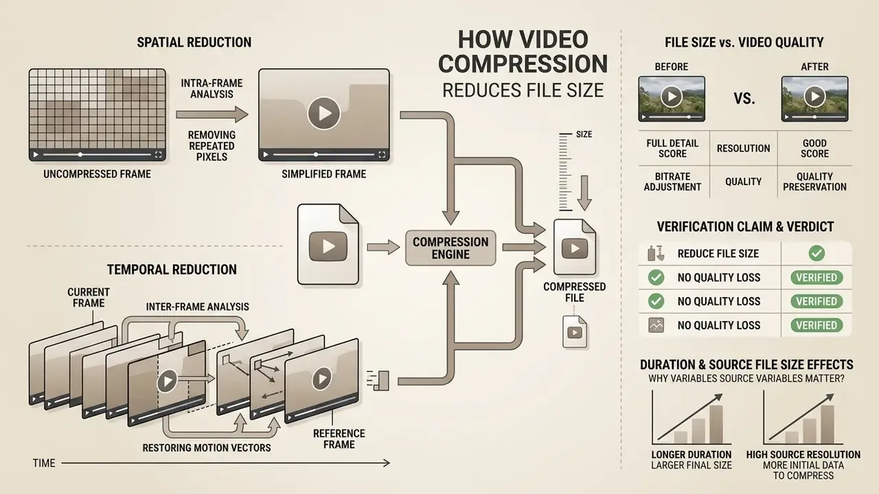 Diagram showing spatial and temporal reduction methods used by a video compressor to decrease file size