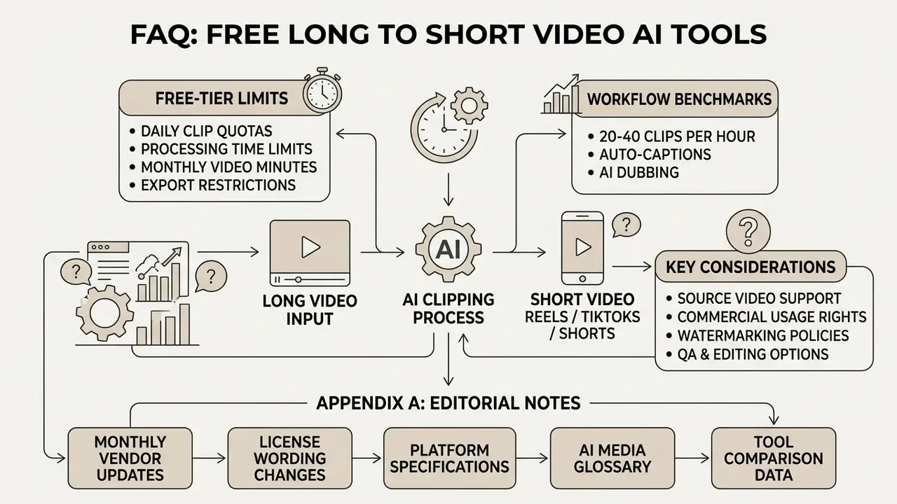 Flowchart outlining AI clipping tool considerations, free tier limits, and editorial update processes