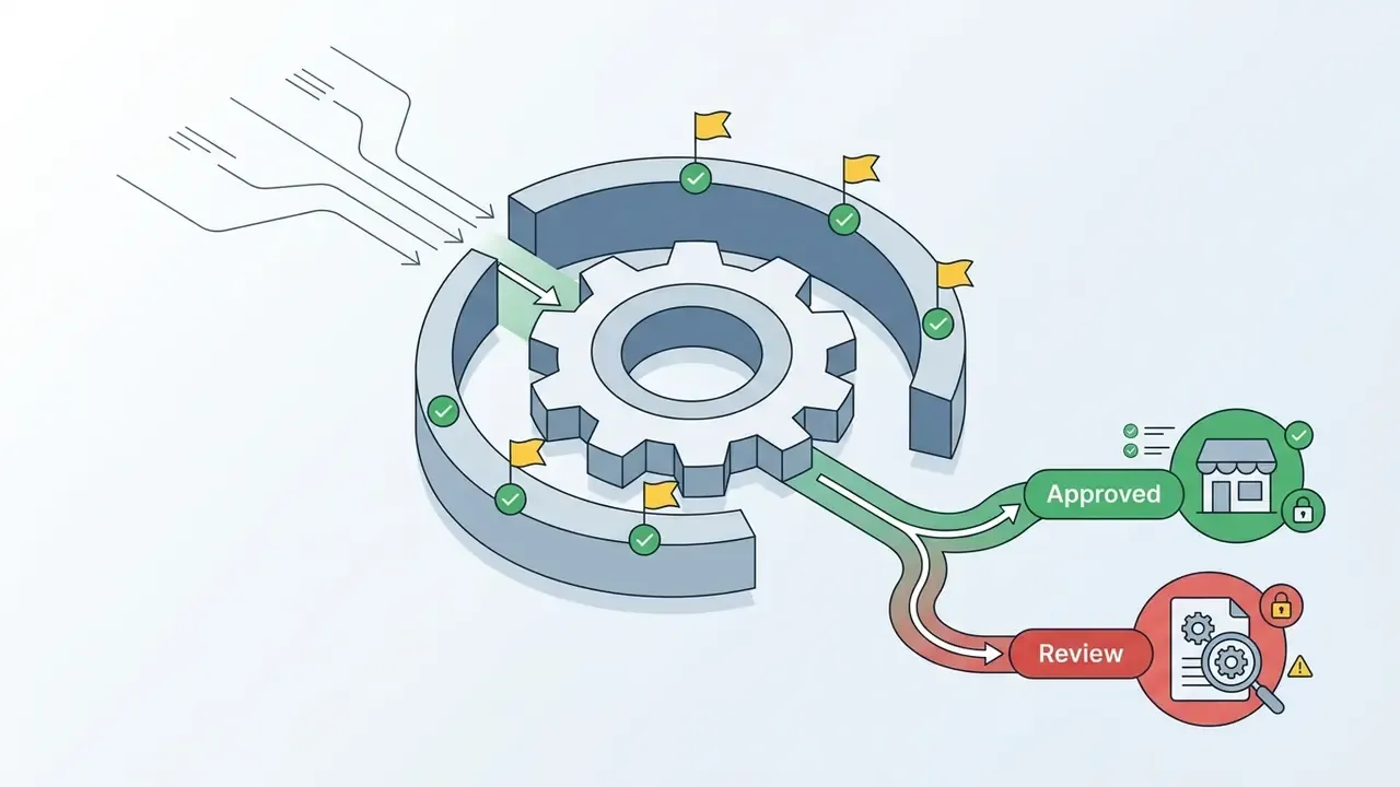 Inputs passing through a gear mechanism and checkpoints to reach either approved or review status