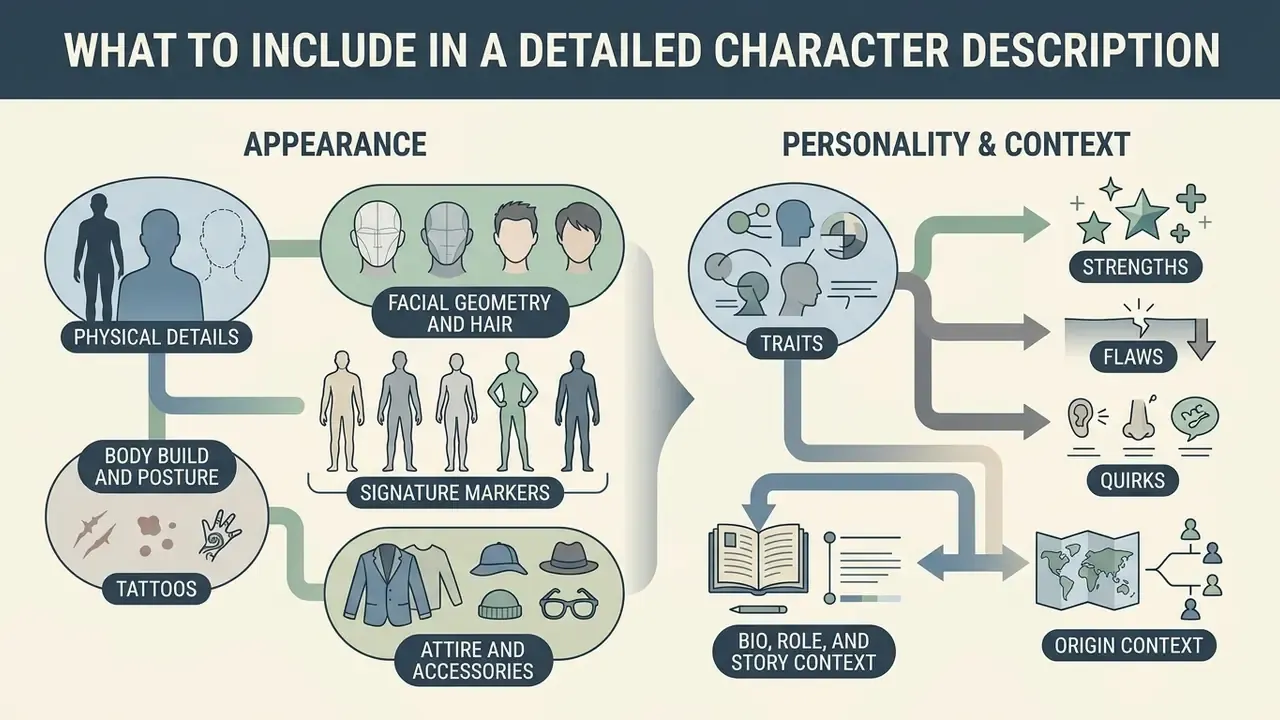 Infographic mapping appearance, personality, and background details for an AI character description generator
