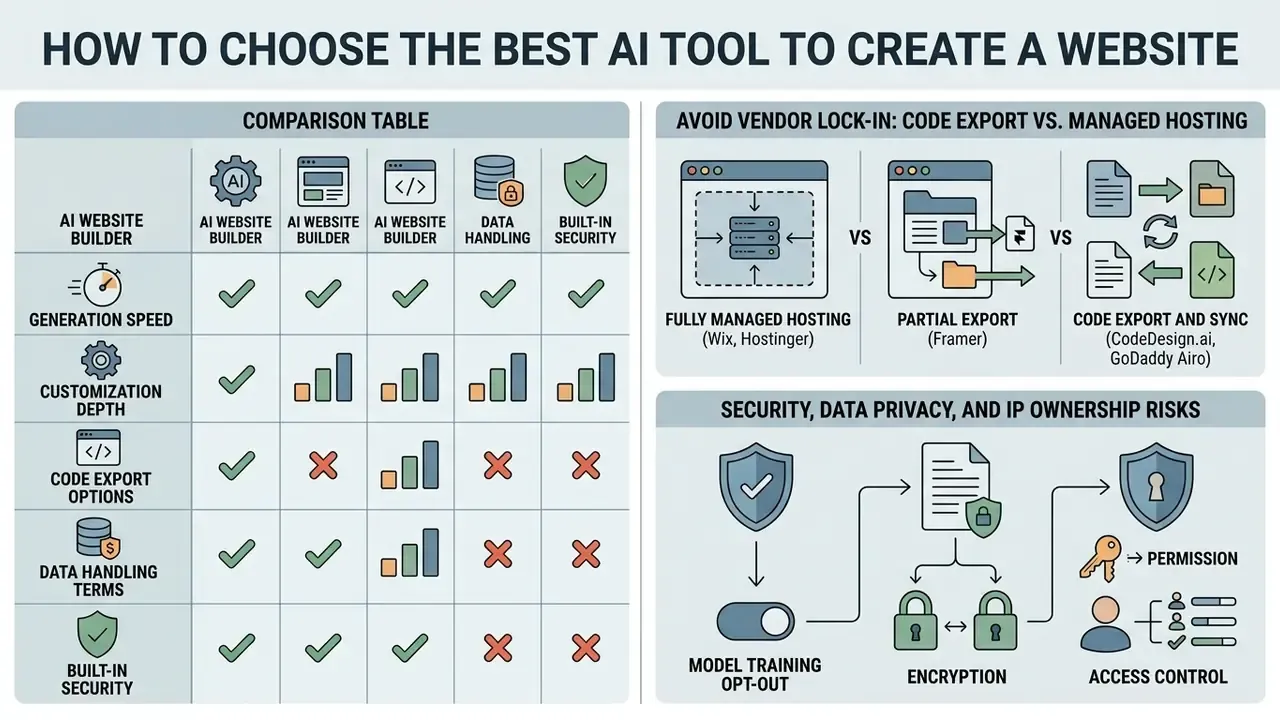 Comparison table and diagrams evaluating AI website builders based on hosting, security, and ownership