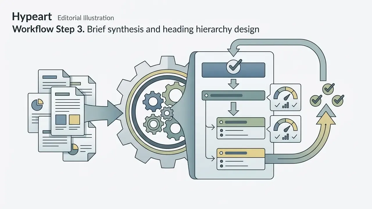 Documents feeding into a gear system that organizes content into a structured hierarchy with performance gauges