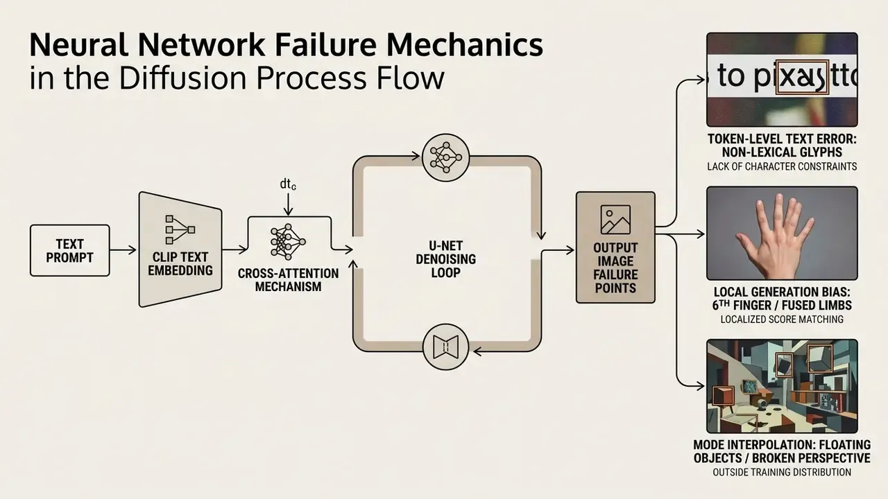 Technical schematic detailing the diffusion process flow and specific failure points in generative models