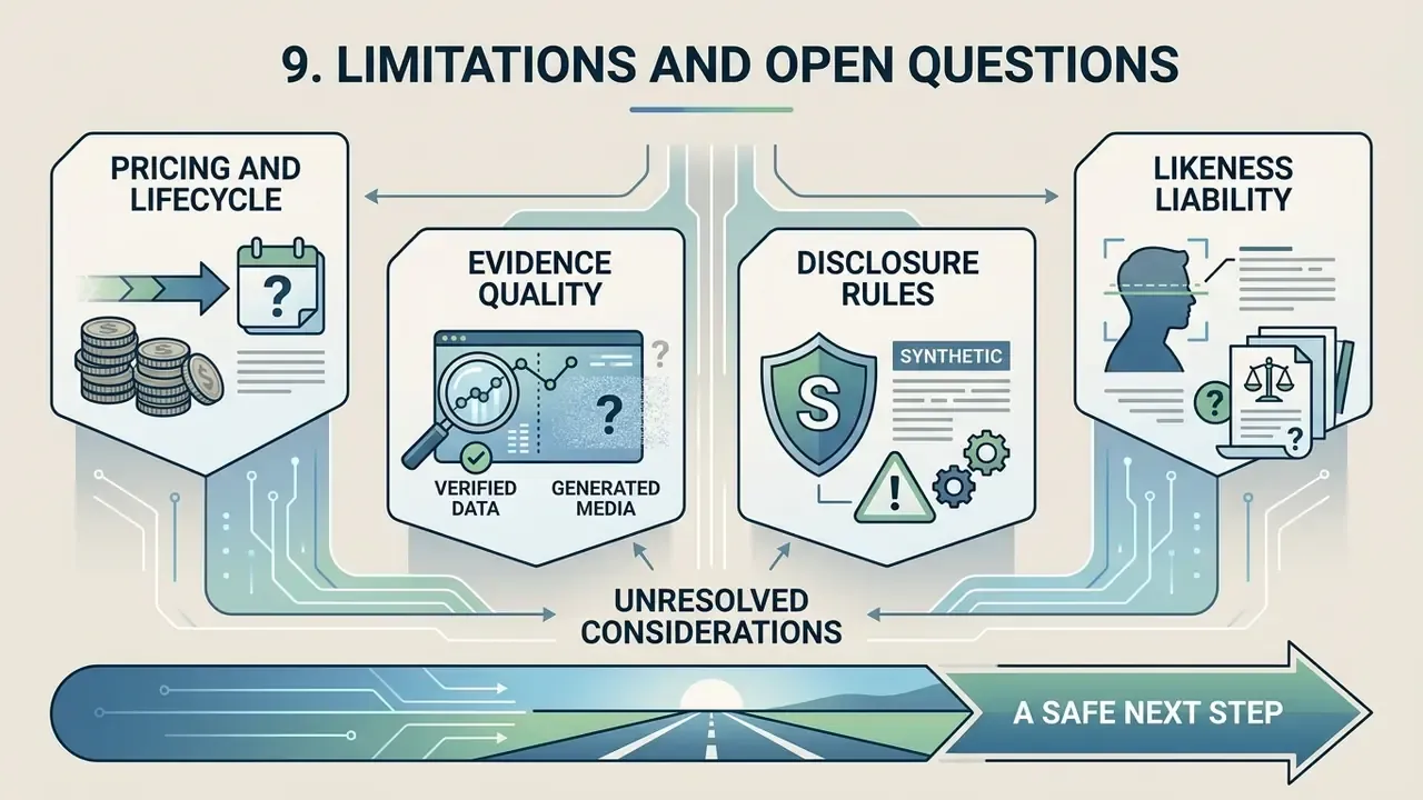 Summary of unresolved considerations for OpenAI Sora including pricing, evidence, disclosure, and liability