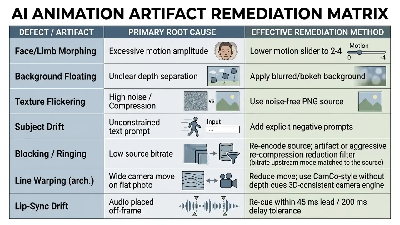Table listing common animation defects, their root causes, and recommended technical solutions