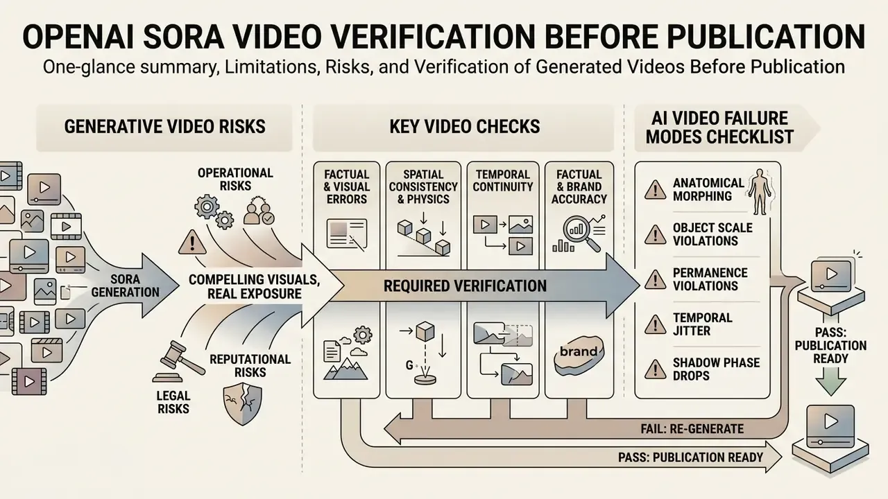 Flowchart detailing risks and verification steps for checking generated videos before publication