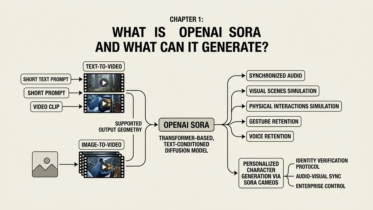 Flowchart showing how OpenAI Sora uses text and images to generate video simulations and character content