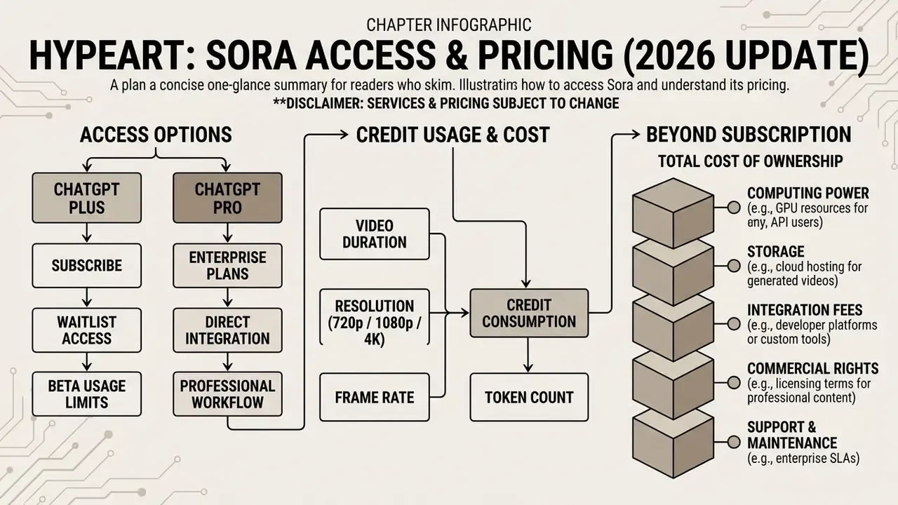 Infographic mapping Sora access tiers, credit consumption factors, and total cost of ownership components