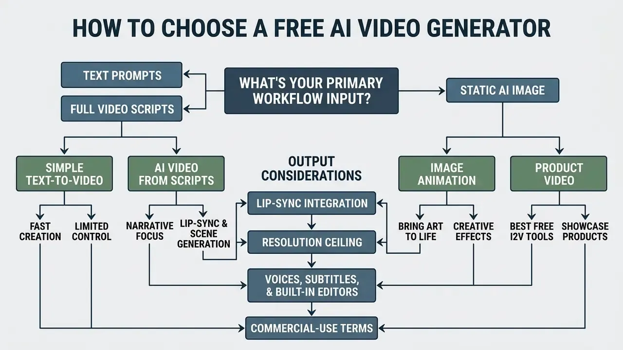 Decision tree mapping input formats like text and images to specific AI video generation features