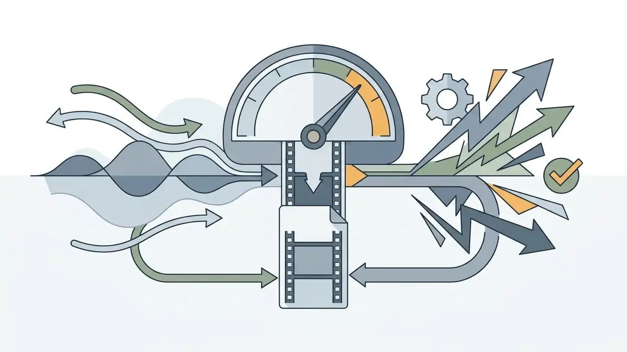 Speedometer gauge adjusting a film strip into various fast and slow motion output paths
