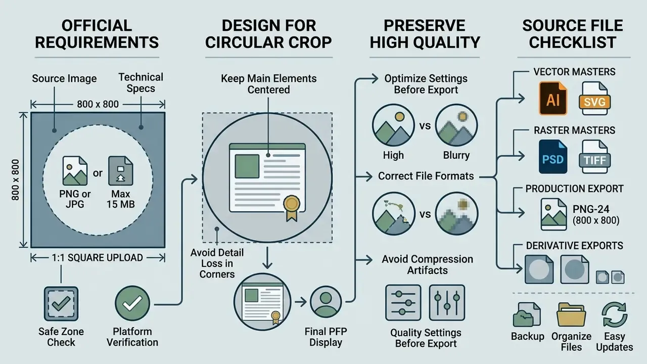 Flowchart detailing technical upload specs, circular cropping, quality preservation, and file formats