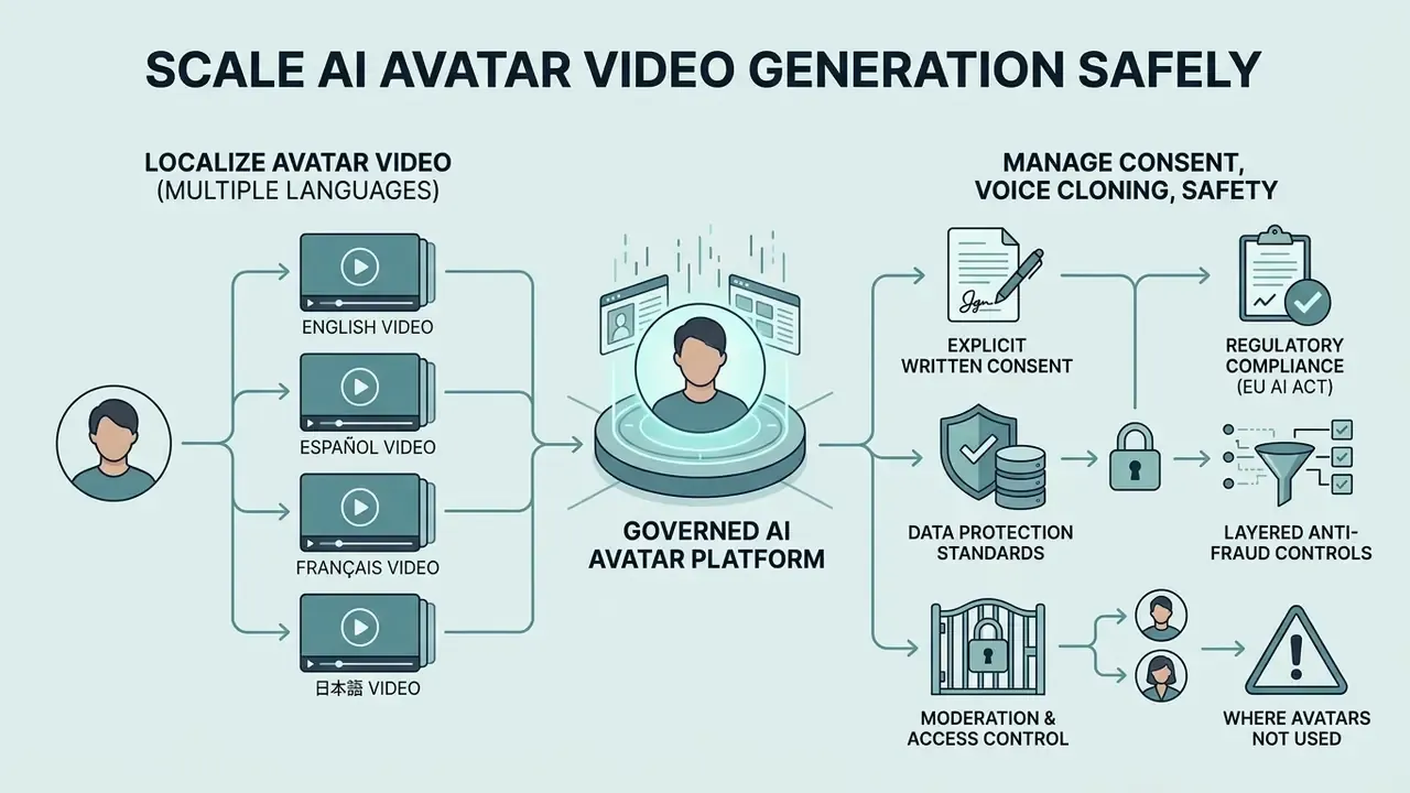 Diagram showing multilingual video localization and governance processes for synthetic media platforms