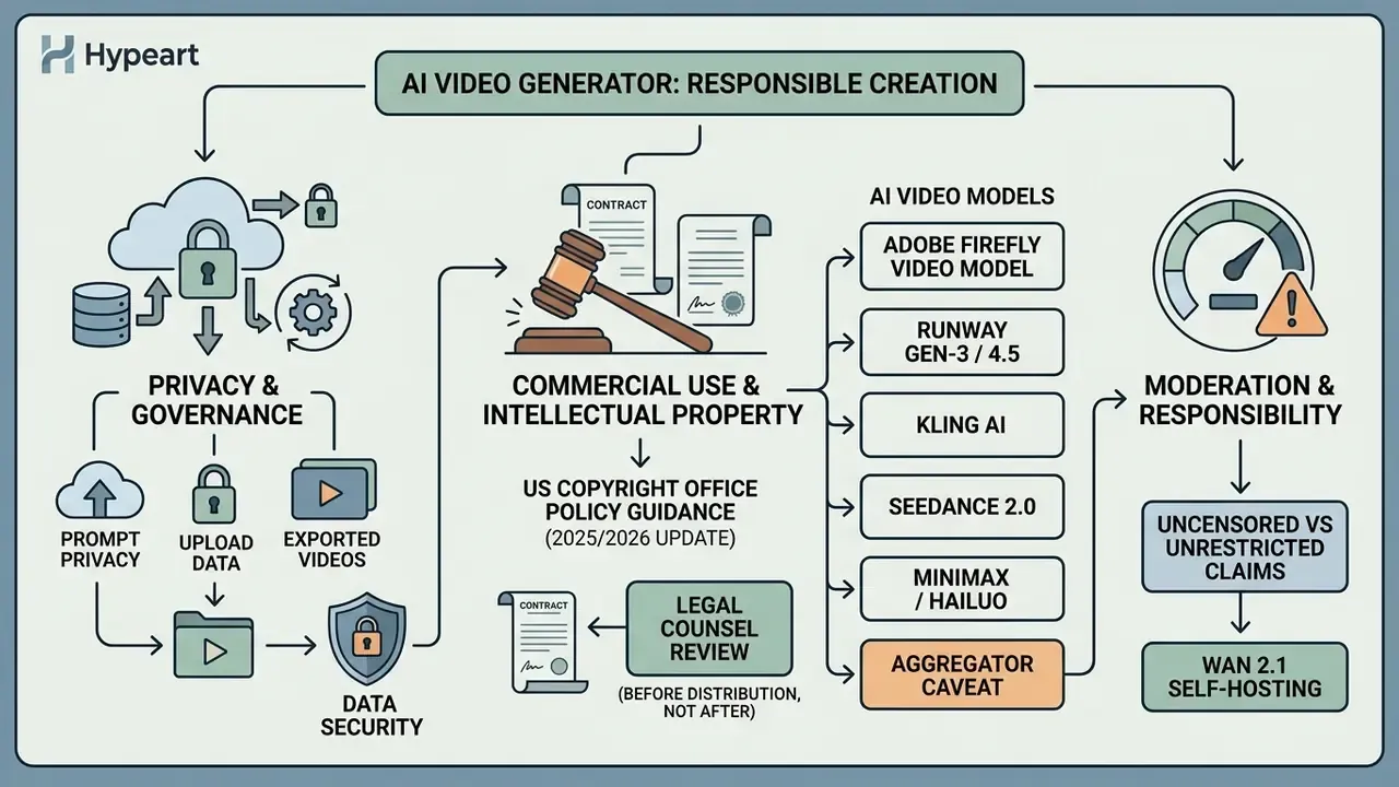 Infographic mapping the legal and ethical considerations for responsible AI video generator deployment