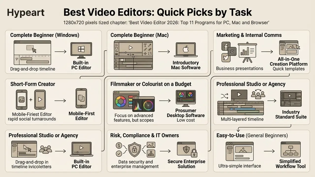 Infographic showing various video editing software recommendations categorized by user needs and workflows