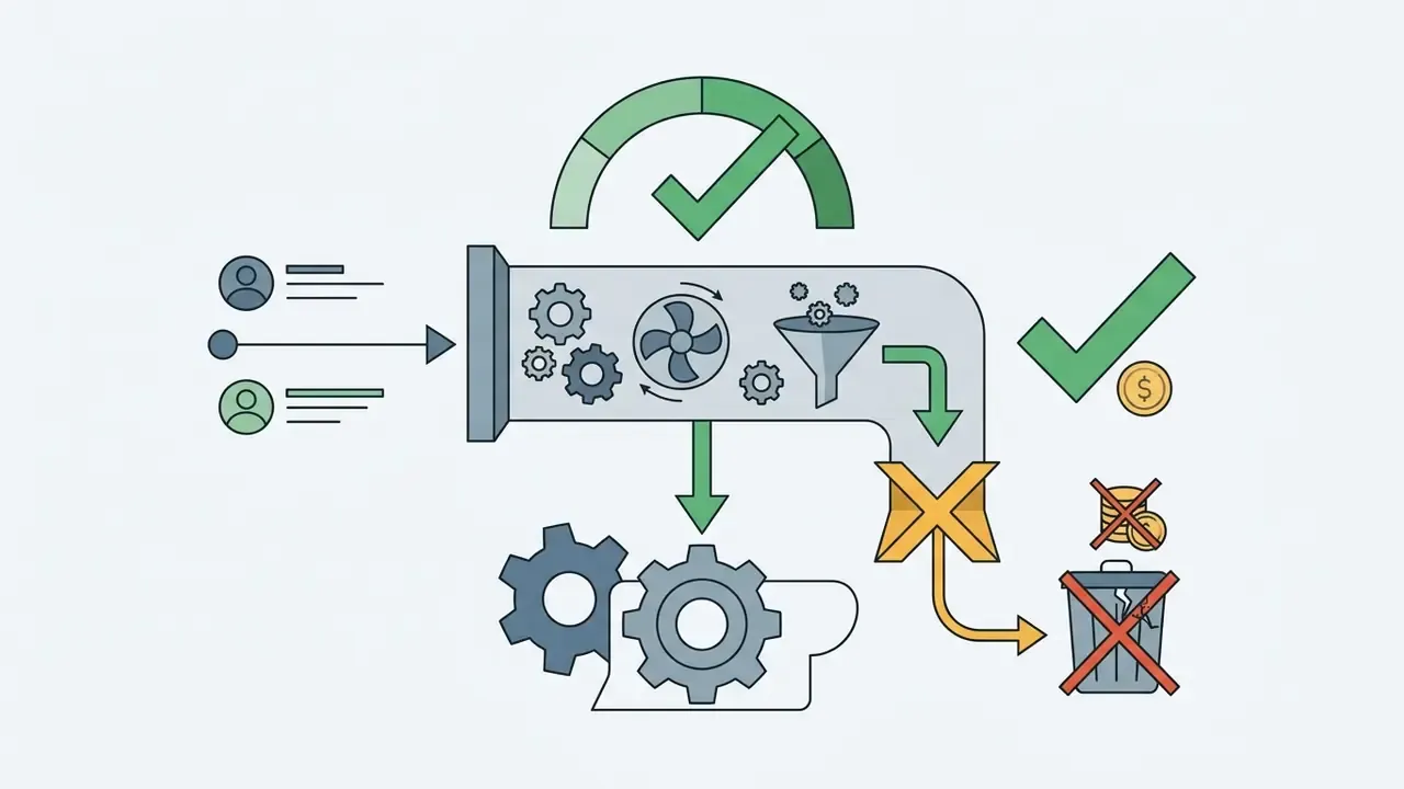 User inputs entering a pipe with a filter that sorts approved content from rejected waste