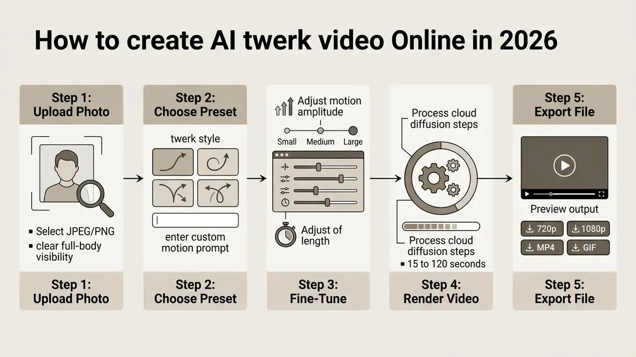 Five step sequence diagram detailing the workflow for using an AI twerk generator to create animations