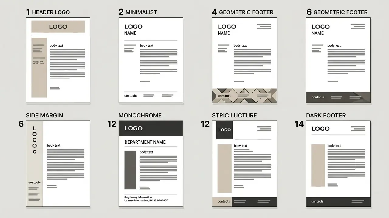 Eight distinct letterhead examples with logo placements arranged in two rows of four designs