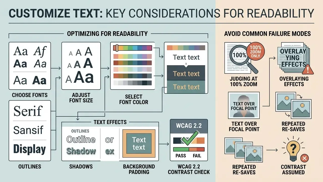 Infographic showing steps for text readability including font selection, effects, and common errors