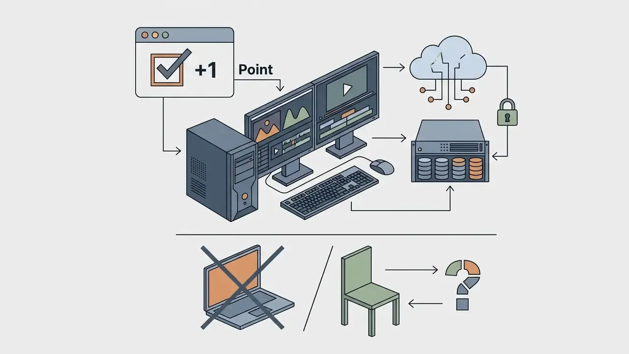Workstation setup with cloud storage and server icons contrasted against a crossed-out laptop