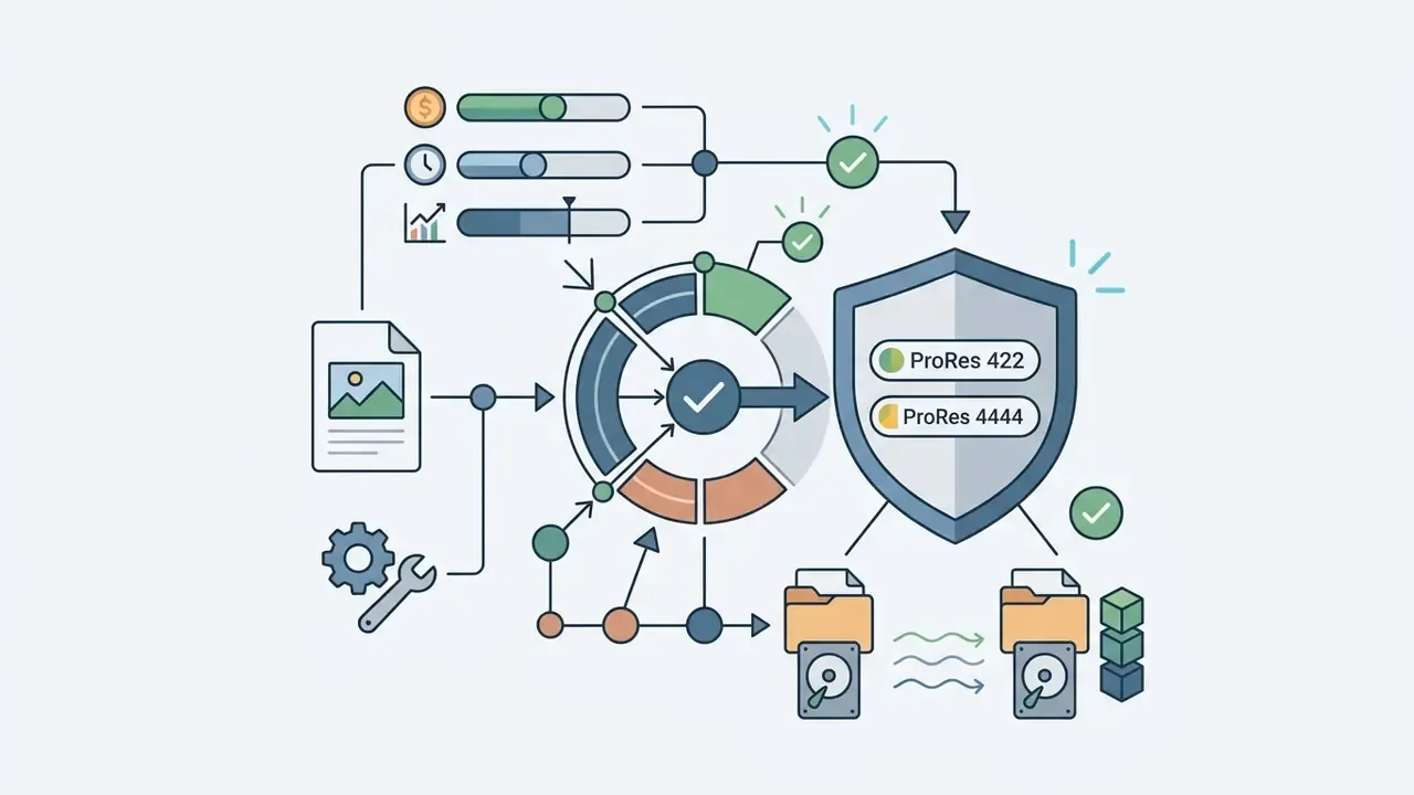 Technical diagram showing file processing steps leading to Apple ProRes export and storage management