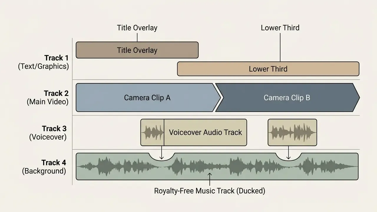 Timeline diagram showing four tracks for text, video clips, voiceover audio, and ducked background music