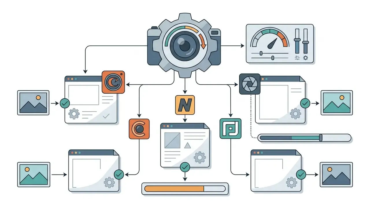 Central camera icon connected to various software interfaces and processing bars for image file export