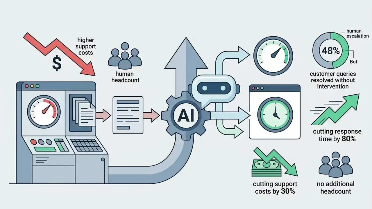 Visual representation showing how an AI engine processes support data to reduce costs and response times