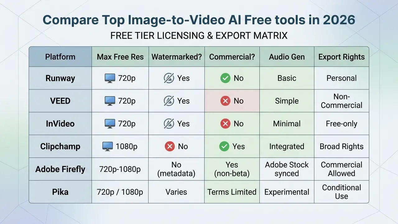 Table comparing watermarks, commercial rights, and export settings for popular free image to video AI tools