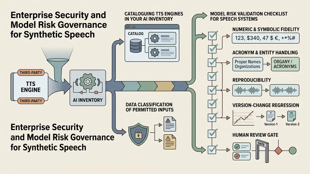 Diagram mapping the governance steps for a voice over generator including inventory and validation checks