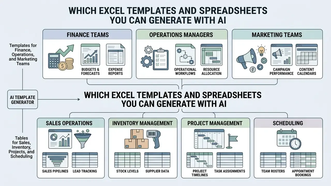 Categorized infographic showing various business templates for finance, operations, and marketing teams