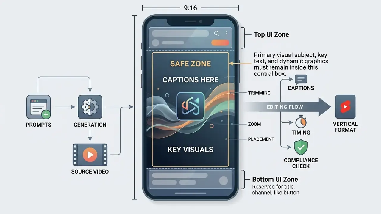 Diagram showing the 9:16 aspect ratio safe zone for editing AI video for YouTube Shorts