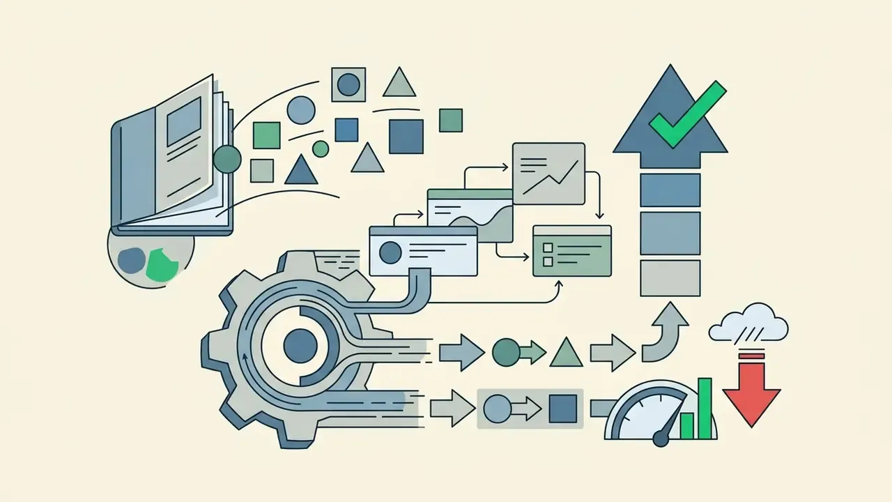 Book and gear icons feeding data into charts that show rising performance and decreasing returns