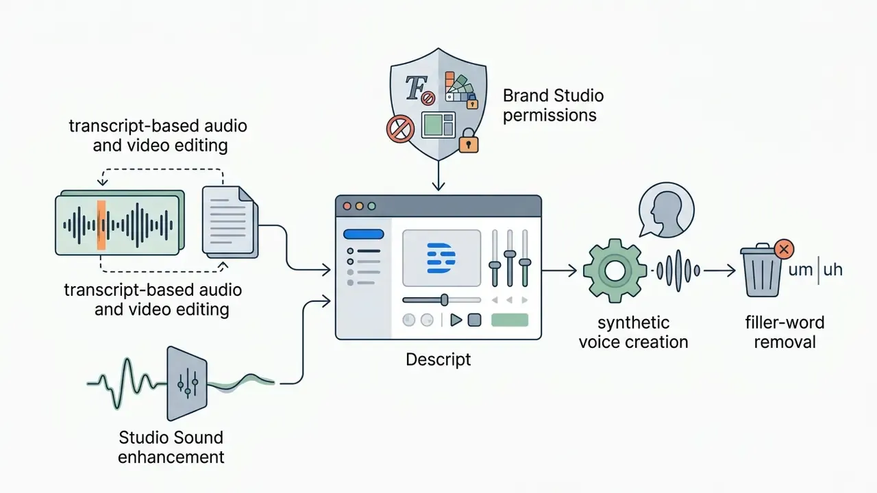 Audio and video editing tools feed into a hub that outputs synthetic voice and filler-word removal
