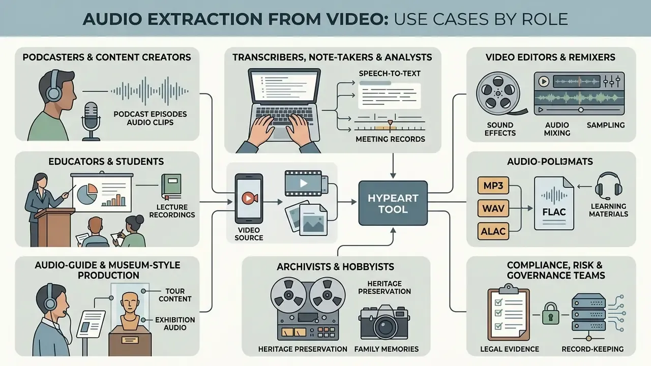 Diagram showing diverse professional roles using tools to extract audio from video for various tasks