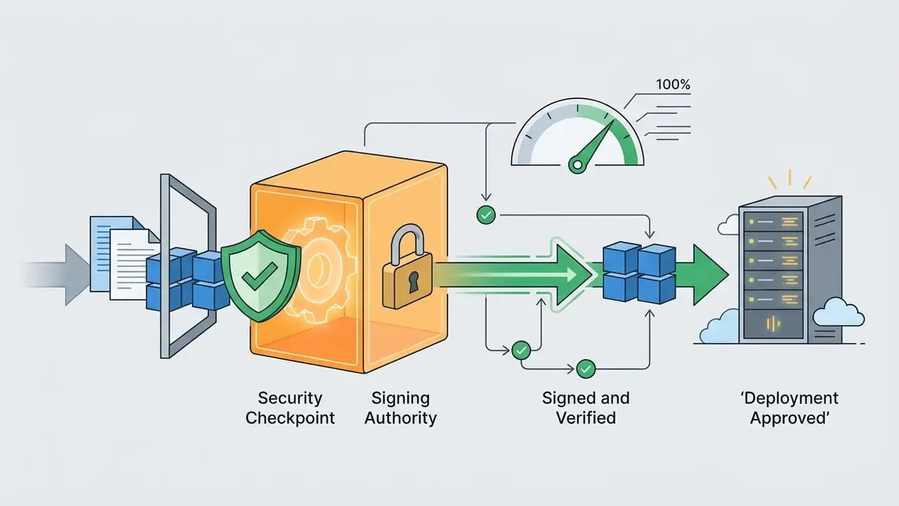 Data blocks passing through a security checkpoint and signing authority to reach a server for deployment
