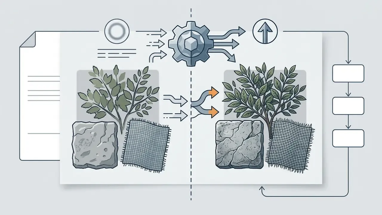 Foliage, stone, and fabric textures processed through a gear mechanism to restore sharp micro-details