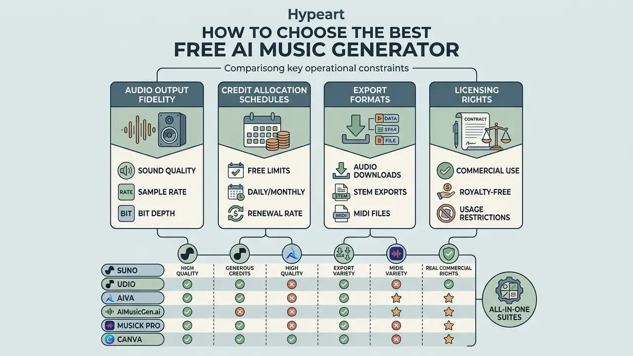 Infographic comparing four operational constraints for selecting a free AI music generator