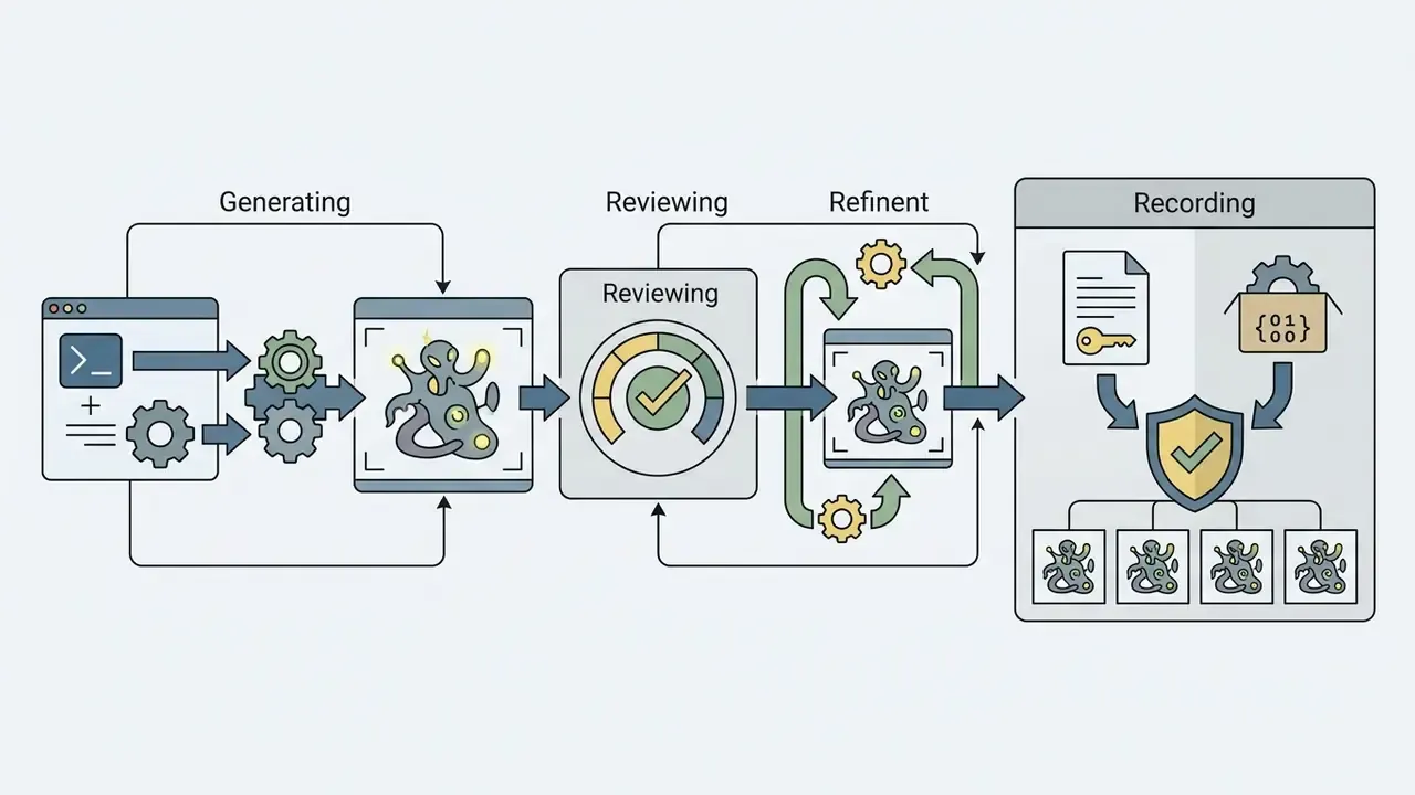 Process flow showing generation, review, and recording of digital artifacts with gears and data icons