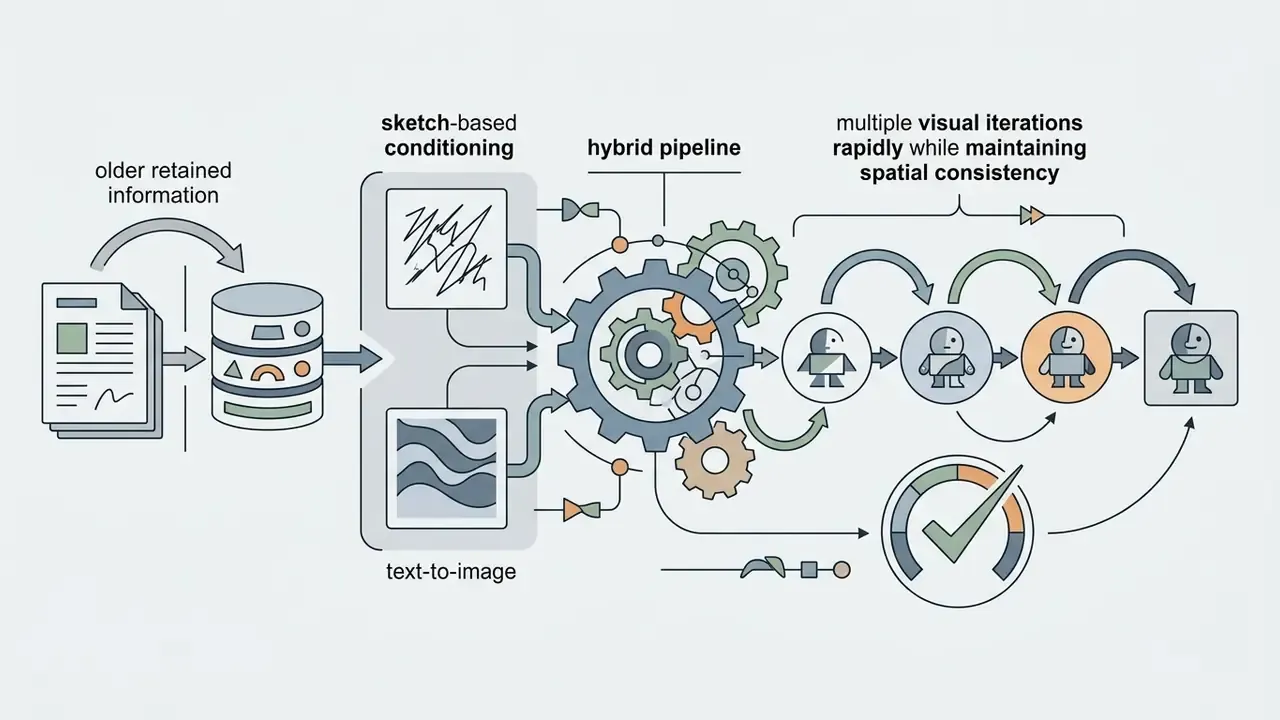 Data processing steps showing sketch and text inputs feeding a gear mechanism to create character iterations