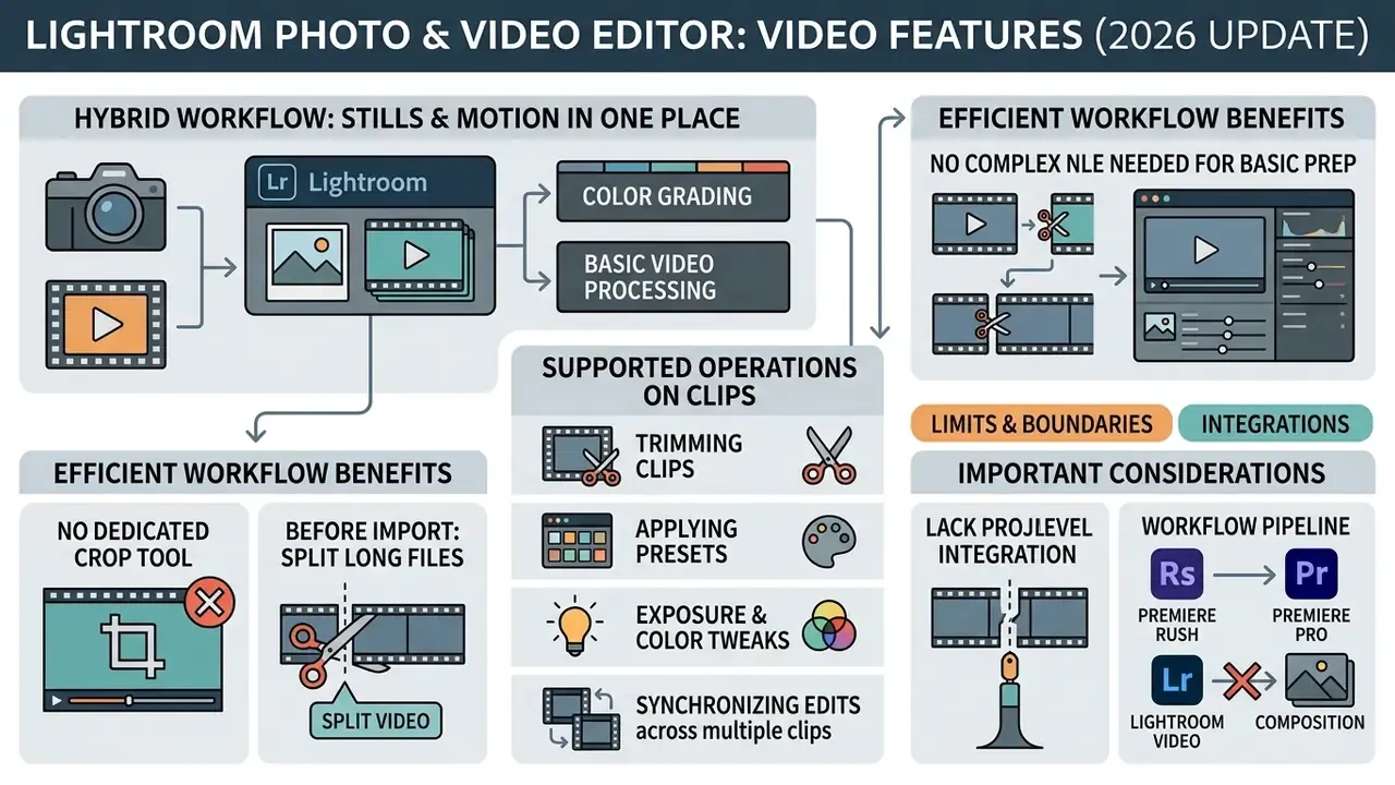 Infographic detailing video editing capabilities, supported clip operations, and workflow considerations