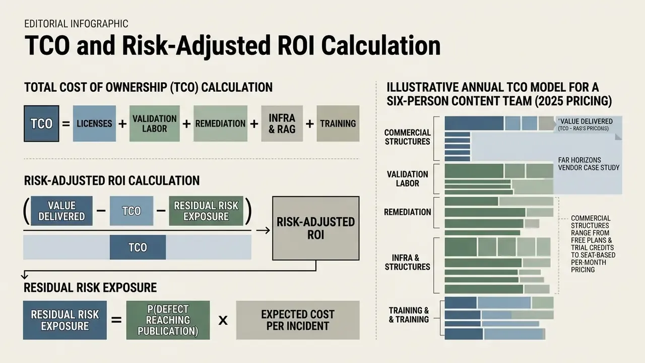 Mathematical formulas for TCO and risk-adjusted ROI alongside a bar chart of 2025 content team costs