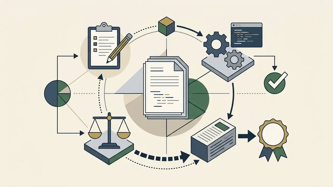Circular workflow connecting document review, code analysis, and balance scales to a final approval badge