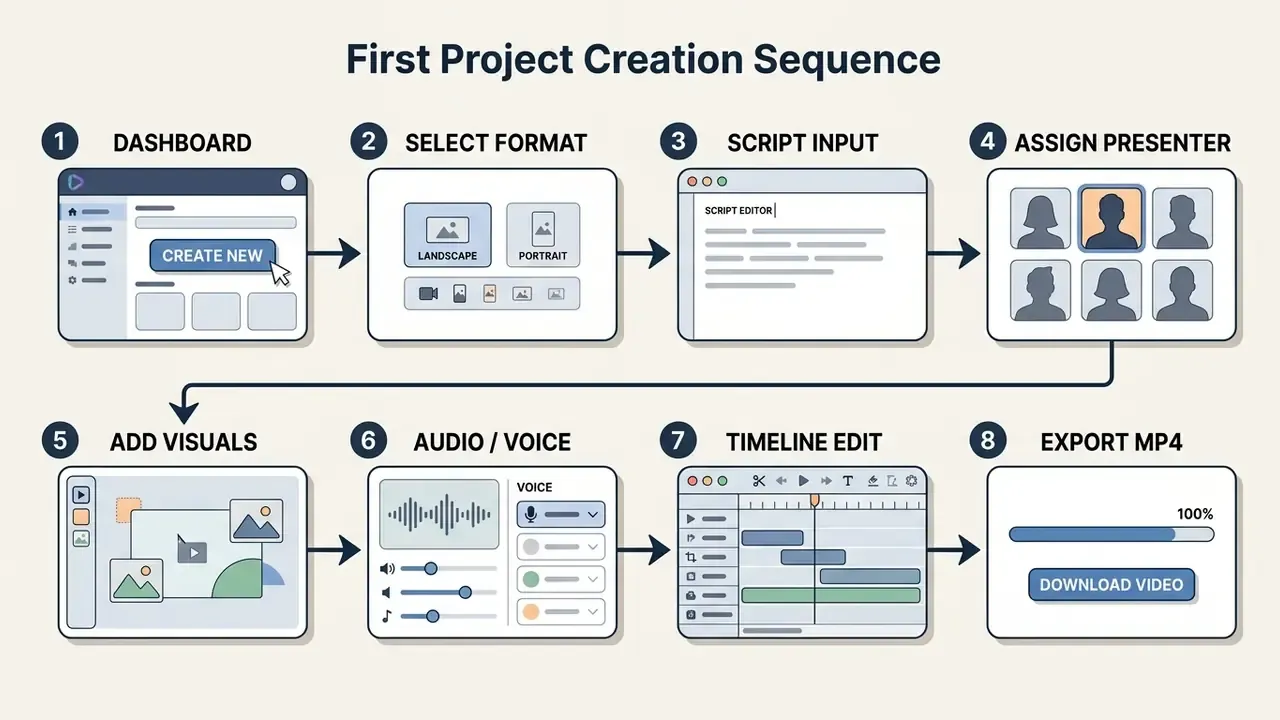 Numbered sequence showing eight stages to create a video from dashboard setup to final MP4 export