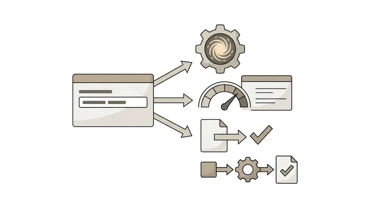 Input box with arrows pointing to icons representing gear processing, speed, validation, and output